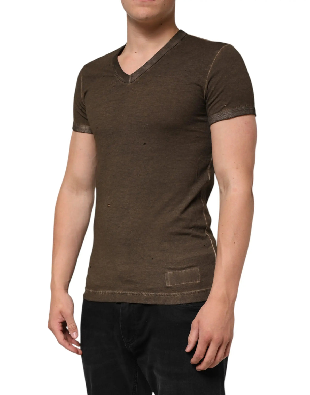 T-shirt homme dolce & gabbana en coton marron foncé avec logo usé et coupe ajustée col v vert olive