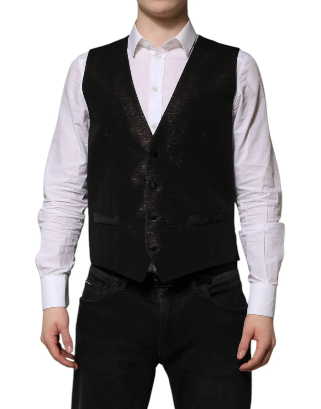 Dolce & gabbana gilet pour homme en tissu texturé noir avec motif scintillant subtil et boutons foncés