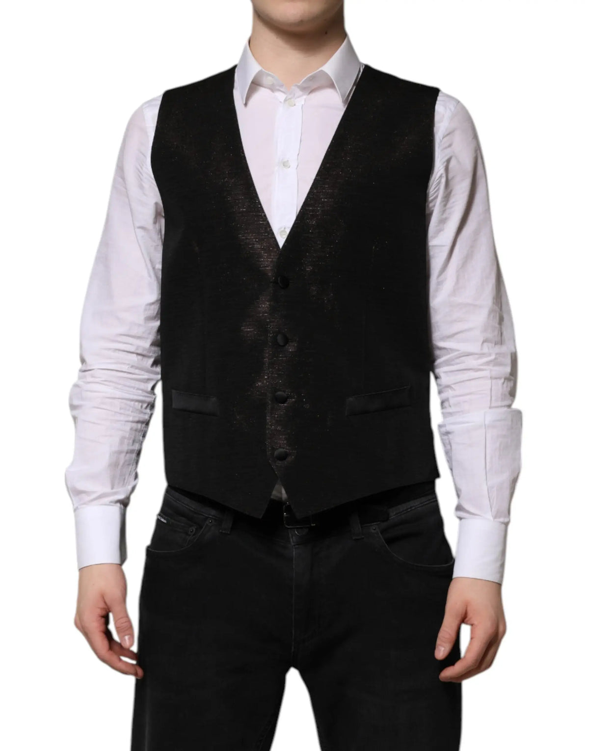Dolce & gabbana gilet pour homme en tissu texturé noir avec motif scintillant subtil et boutons foncés