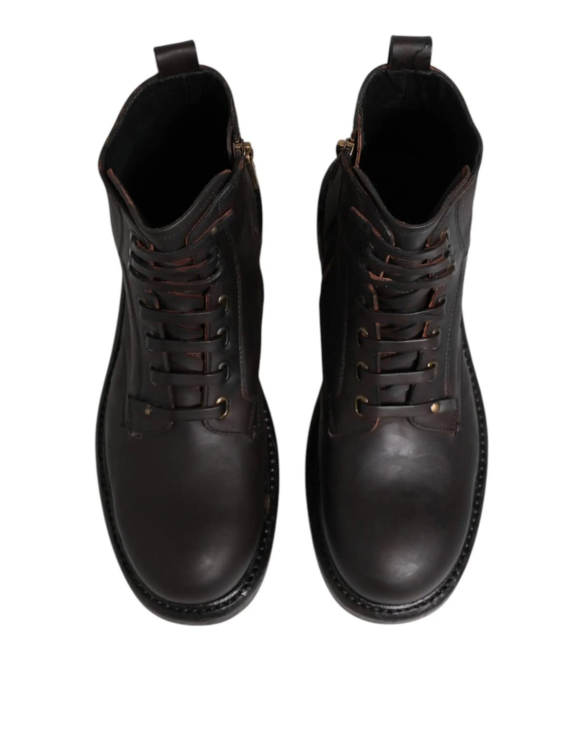 Bottes mi-mollet en cuir marron foncé dolce gabbana à lacets avec cuir noir robuste et semelles épaisses