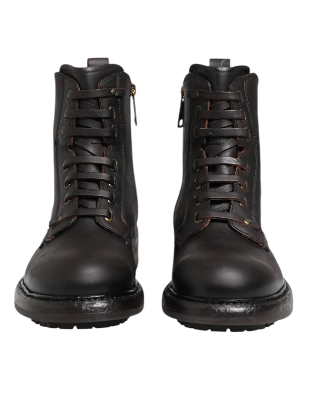 Dolce & gabbana bottes mi-mollet marron foncé en cuir avec lacets, semelle robuste et fermeture éclair latérale