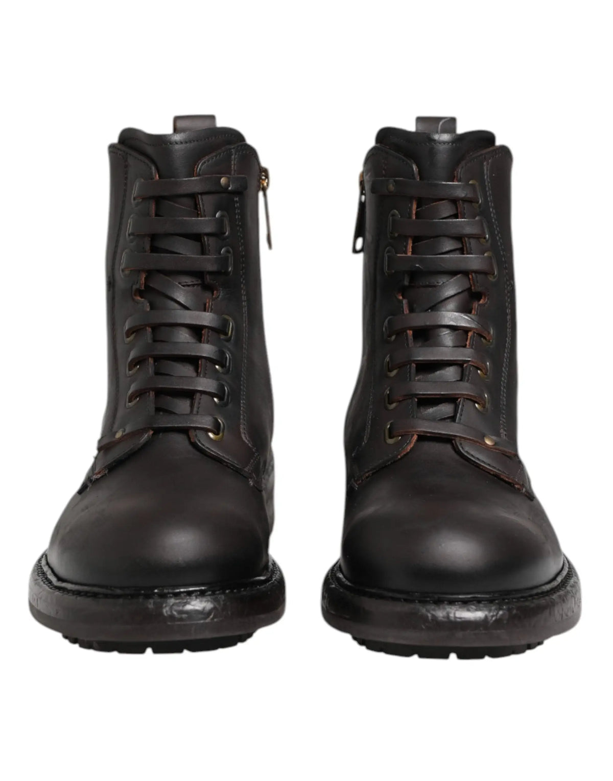 Dolce & gabbana bottes mi-mollet marron foncé en cuir avec lacets, semelle robuste et fermeture éclair latérale
