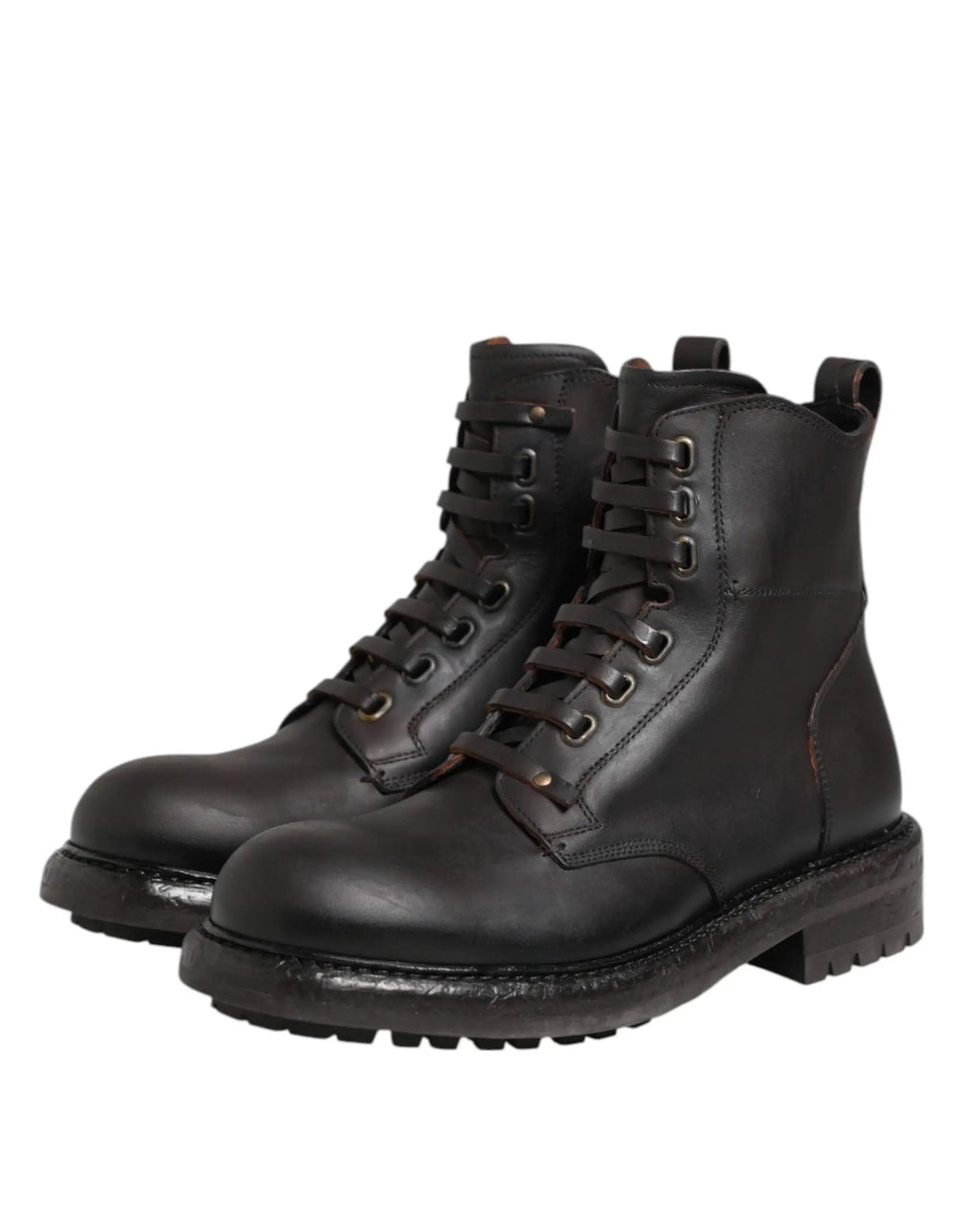 Bottes mi-mollet dolce & gabbana en cuir marron foncé avec lacets, semelle robuste et couture renforcée