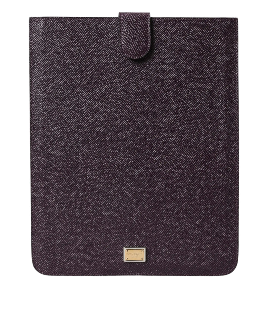 Etui pour tablette dolce & gabbana en cuir brun foncé texturé avec plaque logo métal doré et fermeture à rabat assortie