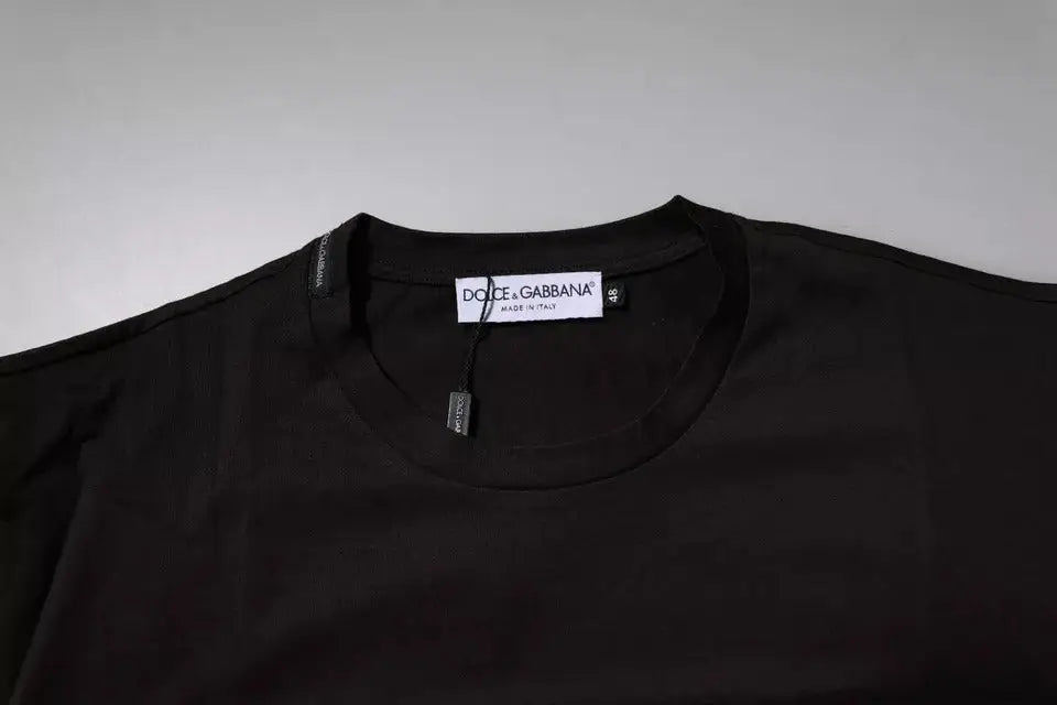 T-shirt dolce & gabbana noir en coton avec logo marron foncé et étiquette blanche made in italy dans le col