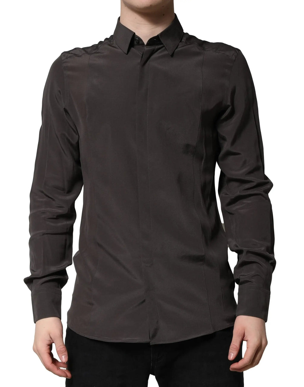 Chemise homme formelle dolce & gabbana en soie marron foncé avec col net et texture subtile manches longues