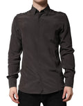 Chemise homme formelle dolce & gabbana en soie marron foncé avec col net et texture subtile manches longues boutons