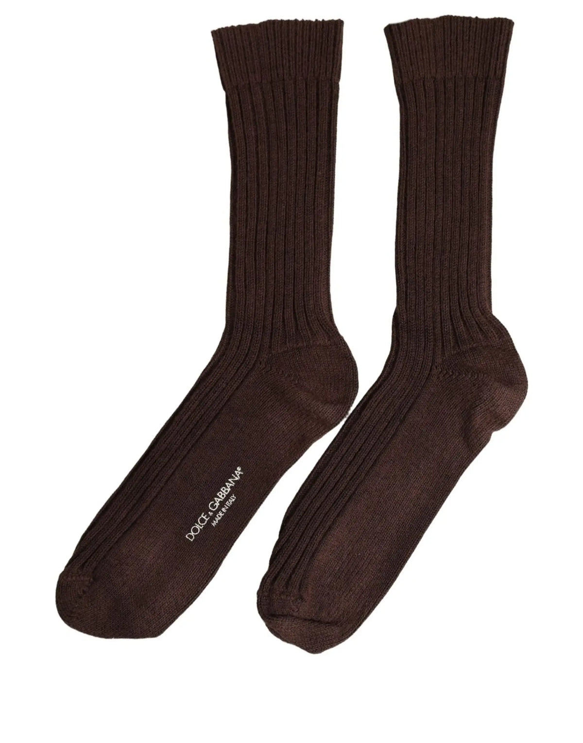 Une paire de chaussettes mi-mollet en laine marron foncé côtelées avec logo dolce gabbana brodé sur le côté