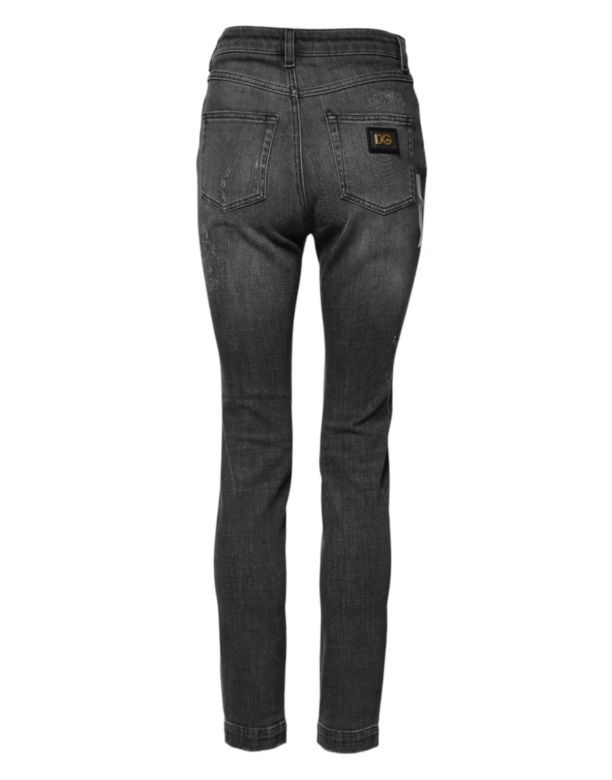 Jeans slim en denim coton gris foncé dolce & gabbana avec légère usure et patch de marque arrière droite