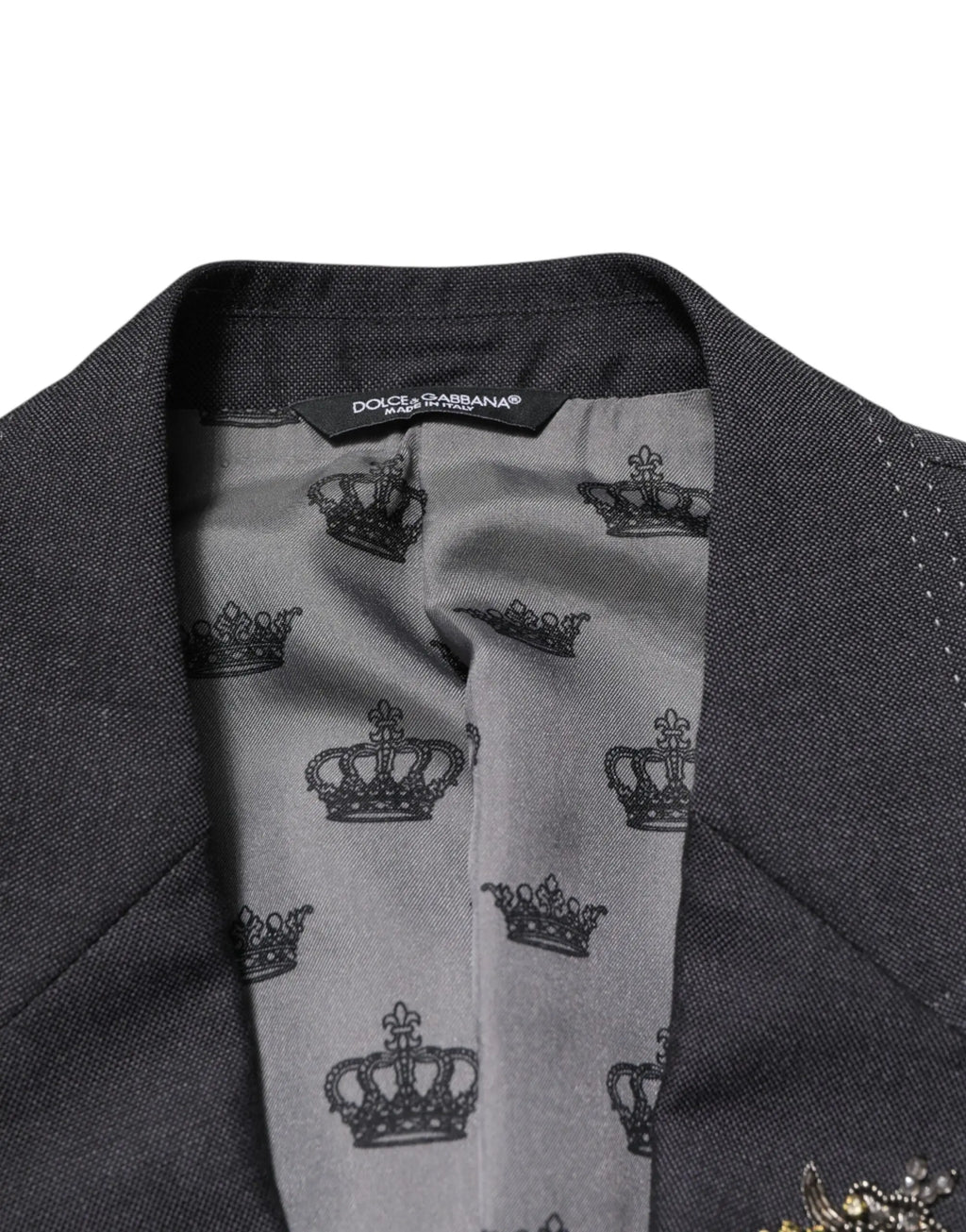 Blazer dolce & gabbana noir en laine avec doublure intérieure grise à motifs couronne noirs répétés