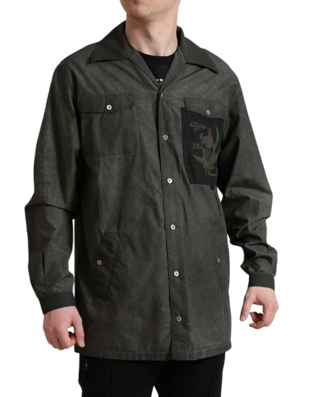 Chemise dolce & gabbana en coton ciré vert olive foncé avec boutonnage, poches poitrine et écusson brodé