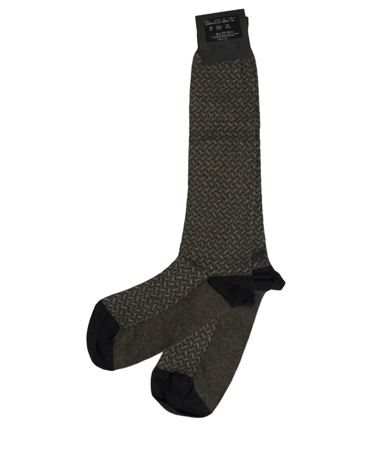 Une paire de chaussettes habillées dolce & gabbana en coton gris foncé avec motif chevrons olive et noir aux extrémités noires