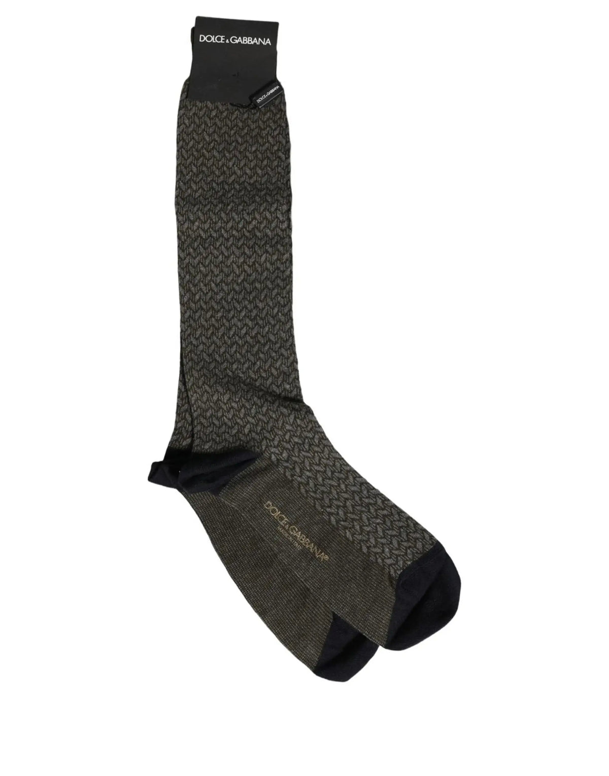 Dolce & gabbana chaussettes homme en maille coton kaki foncé et noir en chevrons avec talon, bout et bord côte noirs