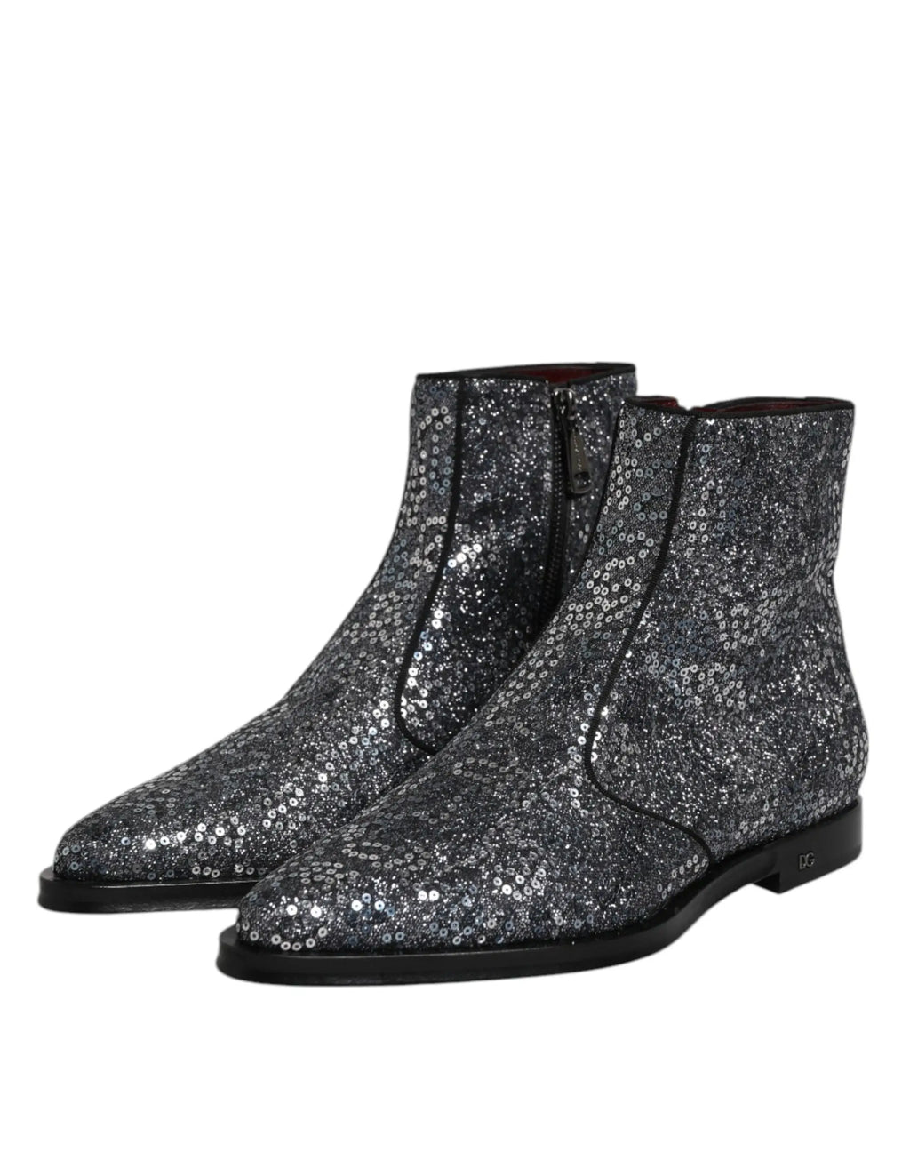 Bottes chelsea dolce & gabbana en coton gris foncé avec sequins argentés et bout pointu à semelle en caoutchouc noire