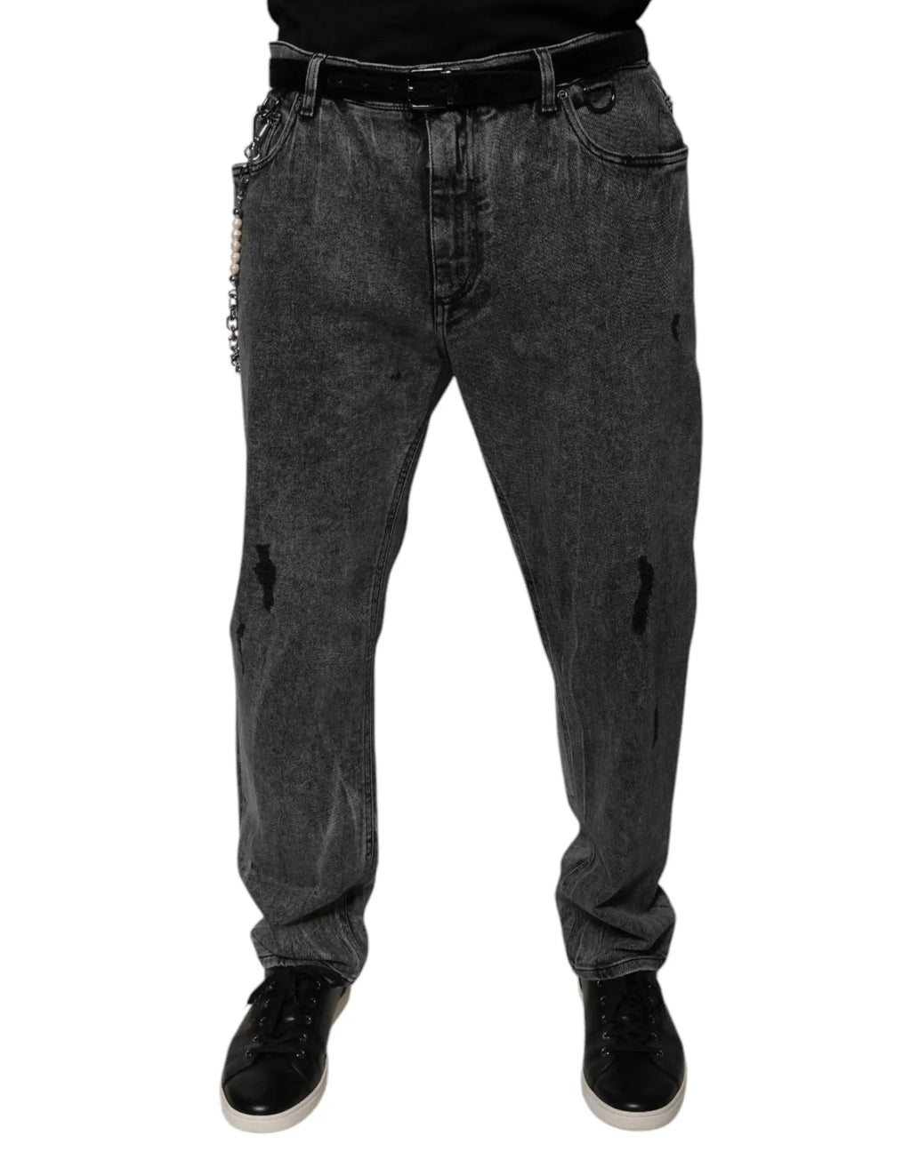 Jean skinny en denim coton gris foncé dolce gabbana avec effet usé et détail chaîne sur la poche latérale