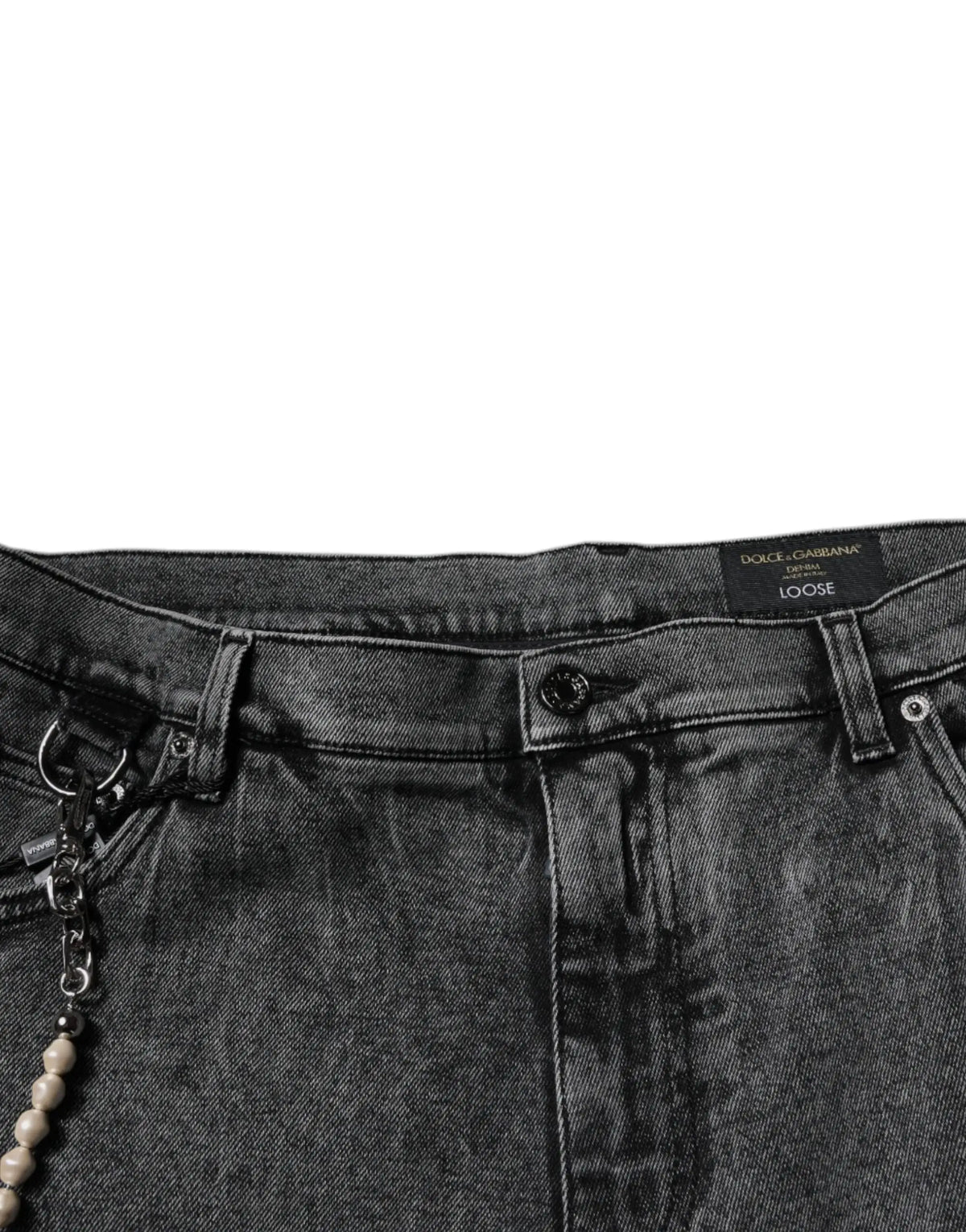 Jean denim skinny en coton gris foncé dolce & gabbana avec coupe ample et accessoire chaîne et perles sur la poche