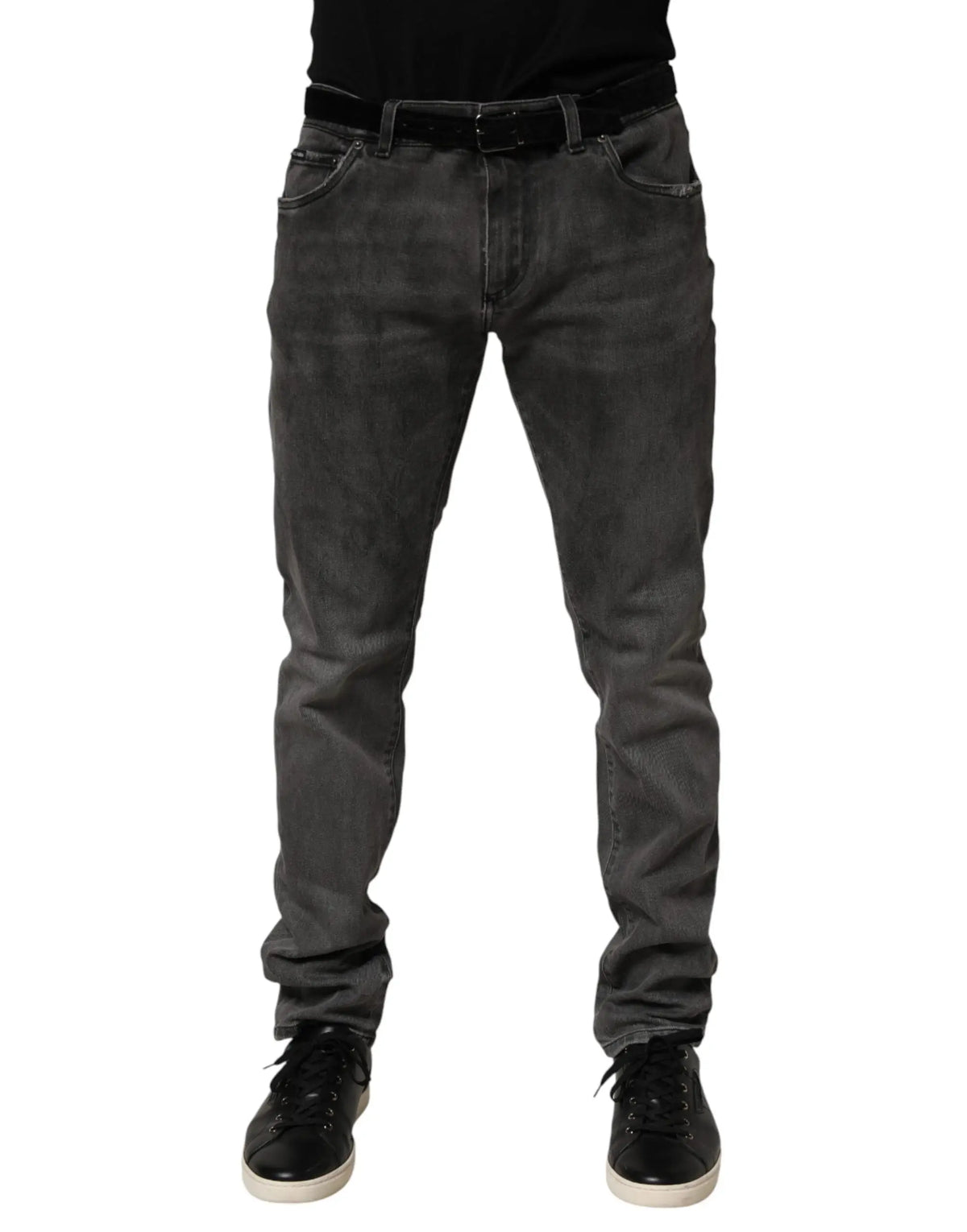 Jean slim en denim gris foncé dolce & gabbana en coton avec lavage délavé subtil et cinq poches classiques homme