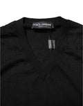 Pull noir dolce gabbana en v col avec logo brodé gris foncé fabriqué en italie