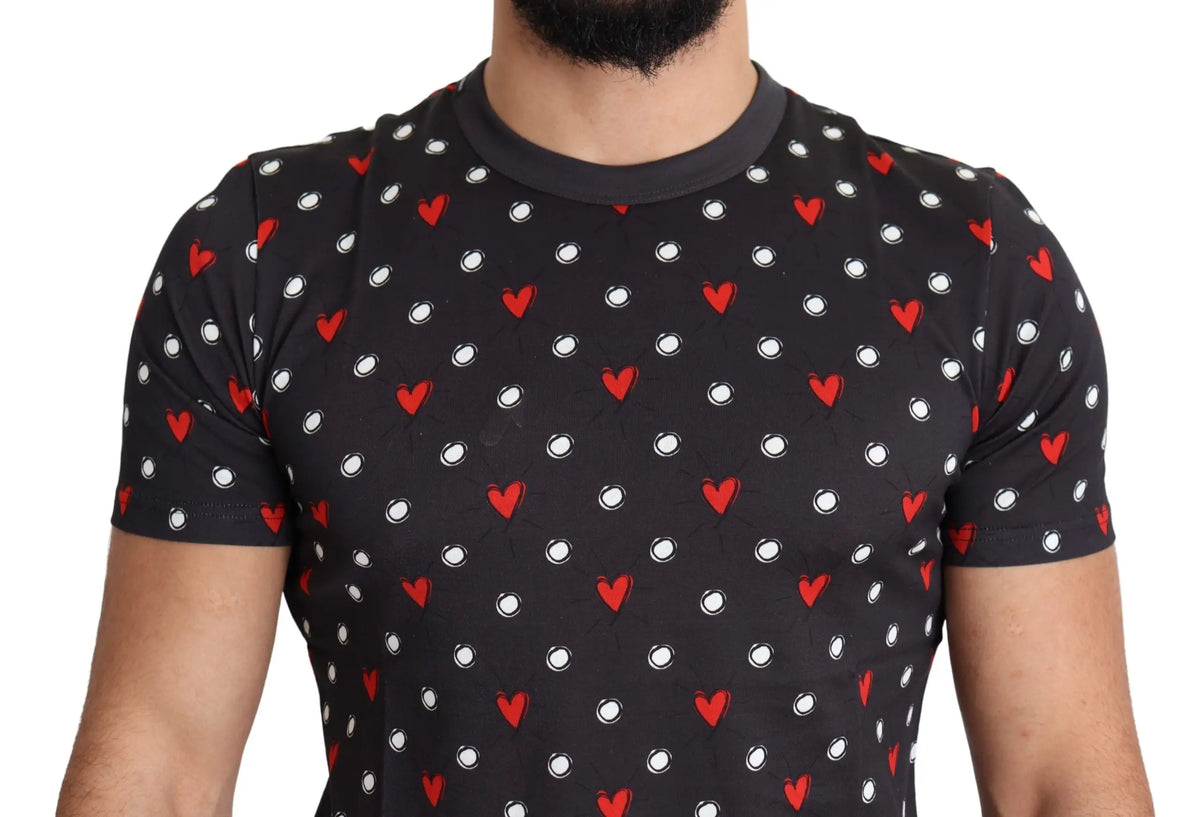 T-shirt homme dolce & gabbana en coton gris foncé avec motif coeurs rouges et blancs et col côtelé