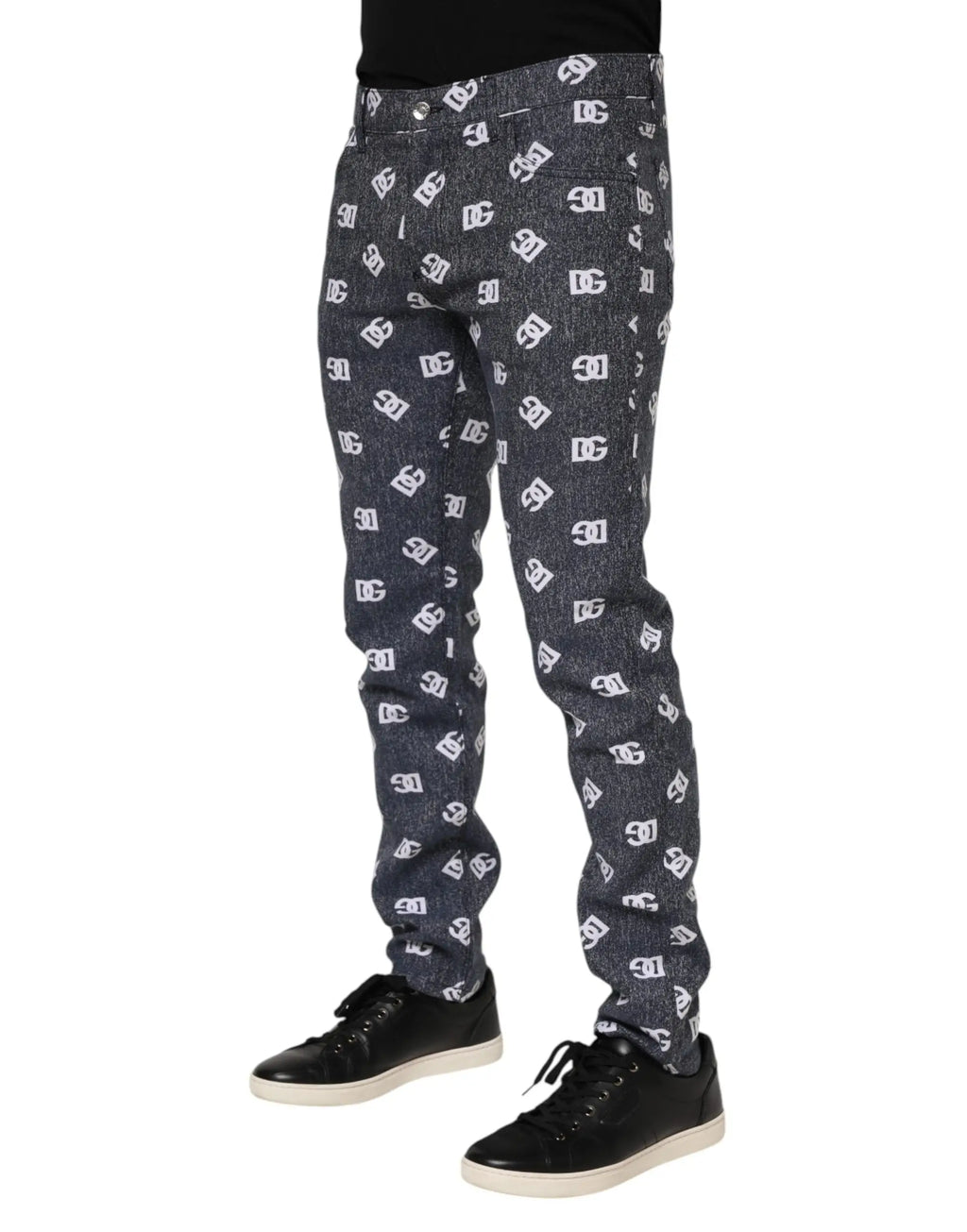 Jean slim en denim coton gris foncé dolce & gabbana avec motif logo dc blanc répétitif sur tout le tissu