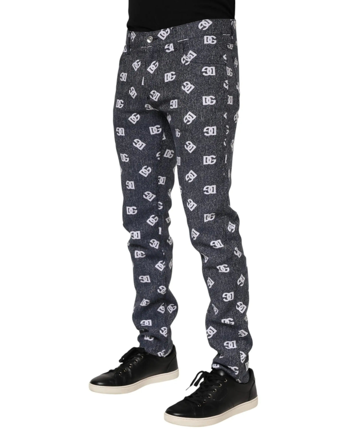 Jean slim en denim coton gris foncé dolce & gabbana avec motif logo dc blanc répétitif sur tout le tissu