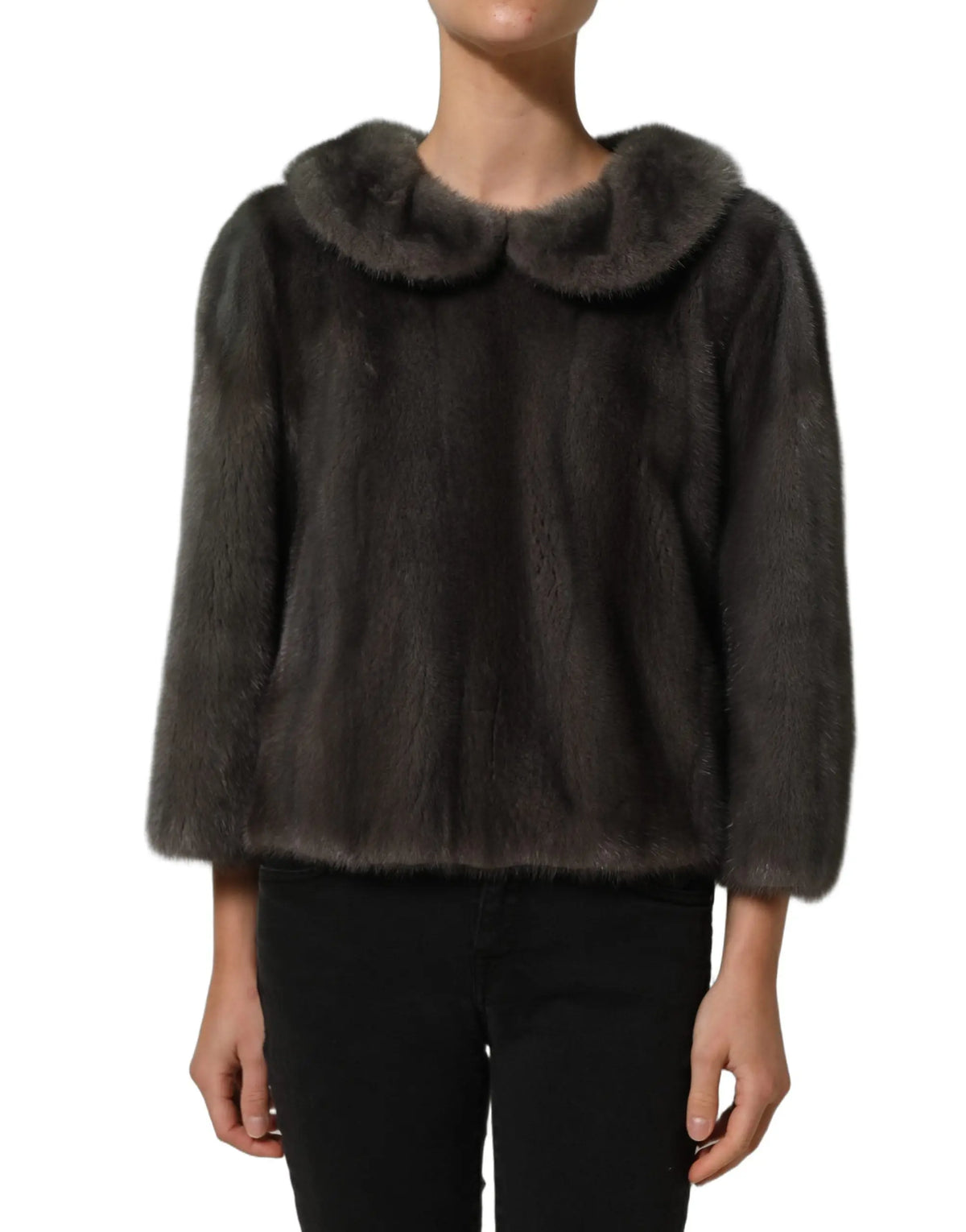 Dolce & Gabbana blouse top en fourrure de vison gris foncé avec col rond doux et manches trois quarts