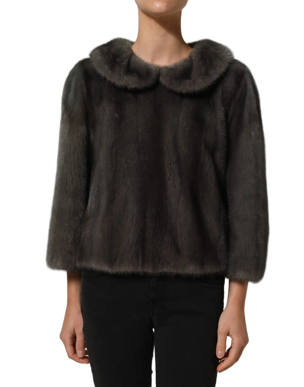 Dolce & gabbana blouse en fourrure de vison gris foncé avec col rond doux et manches trois-quarts