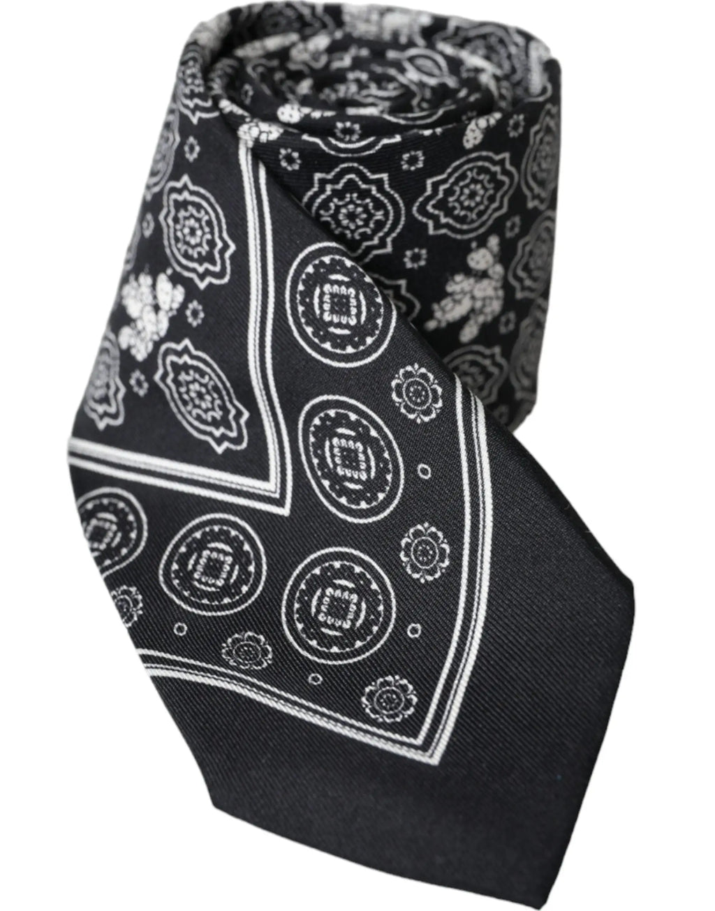 Cravate noire en soie dolce & gabbana avec motif paisley blanc et cercle ajustable en soie 100%