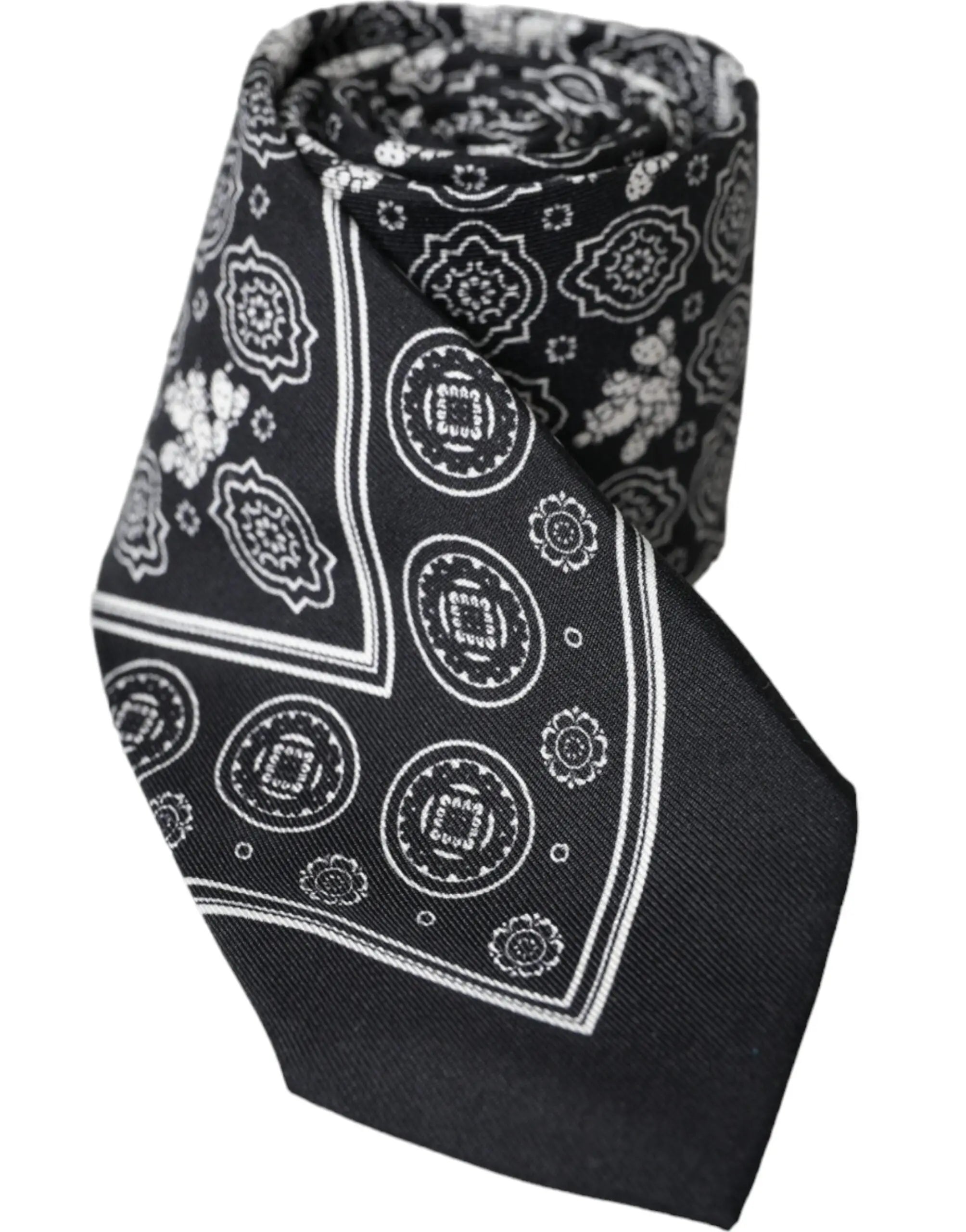 Cravate noire en soie dolce & gabbana avec motif paisley blanc et cercle ajustable en soie 100%