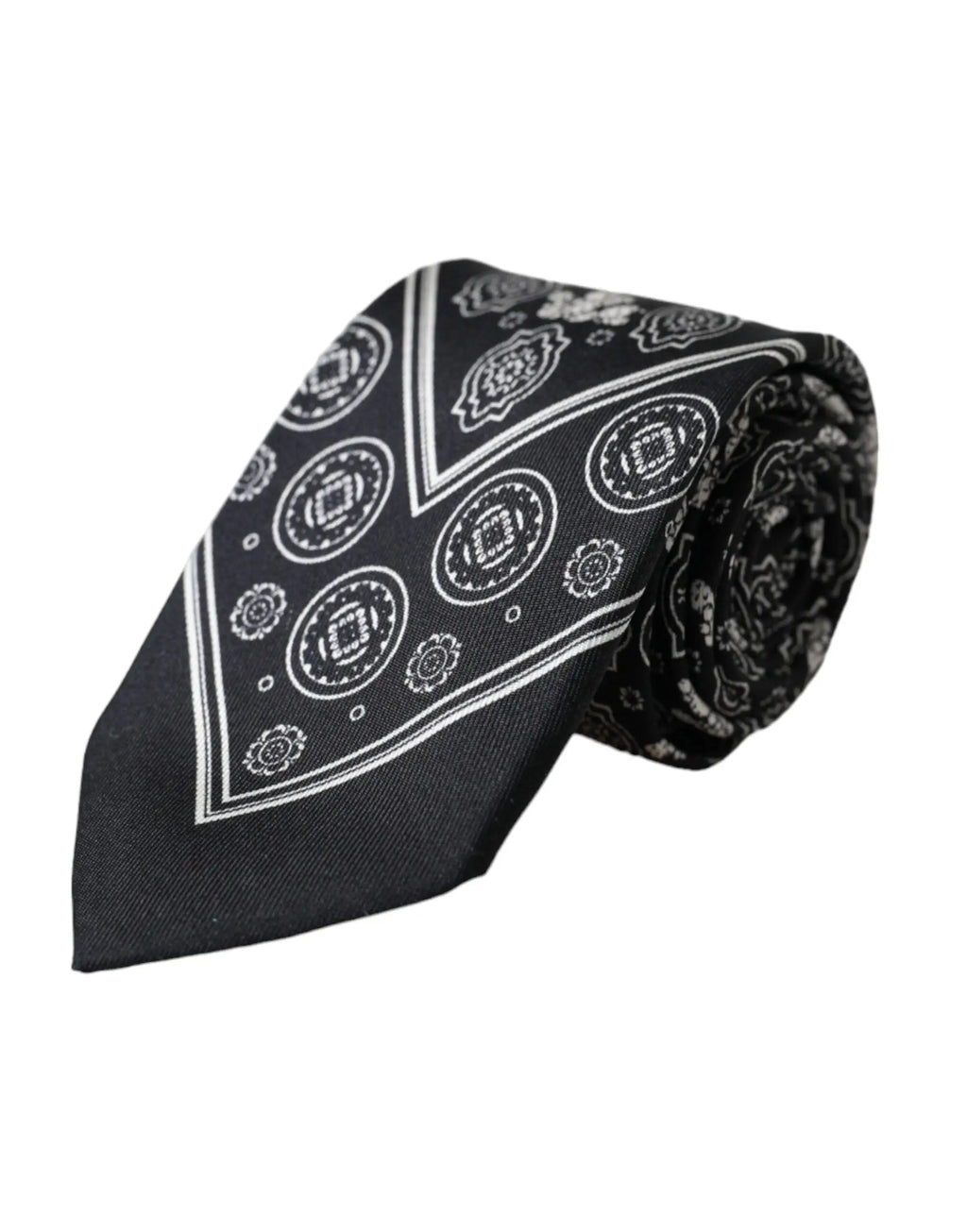 Cravate en soie noire dolce & gabbana avec motifs géométriques blancs et paisley floraux ajustable