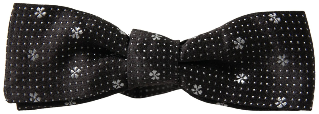 Dolce & gabbana dark gray silk men neck bow tie with black background and subtle silver four-petal flower pattern