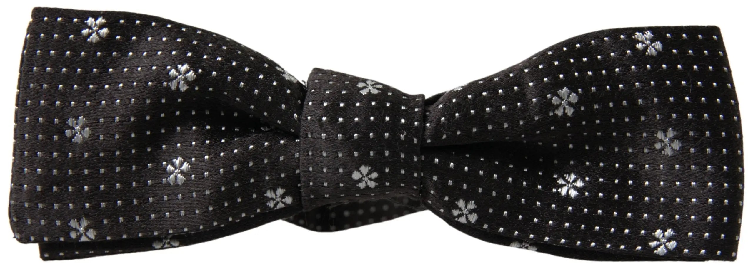 Dolce & gabbana dark gray silk men neck bow tie with black background and subtle silver four-petal flower pattern