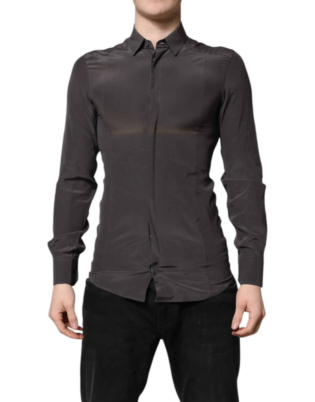 Chemise habillée homme dolce & gabbana en soie gris foncé à manches longues coupe ajustée avec léger brillant