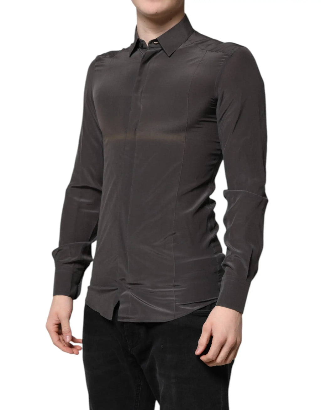 Chemise formelle dolce & gabbana en soie gris foncé avec coupe ajustée et finition brillante manches longues