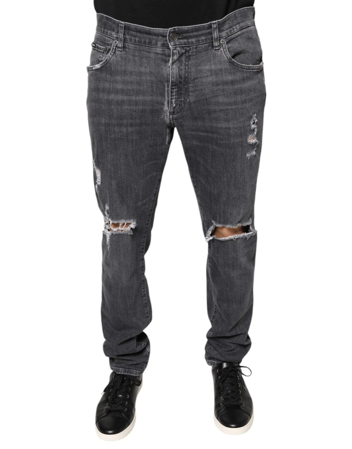 Jean slim en denim coton gris foncé distressed avec déchirures aux genoux dolce gabbana