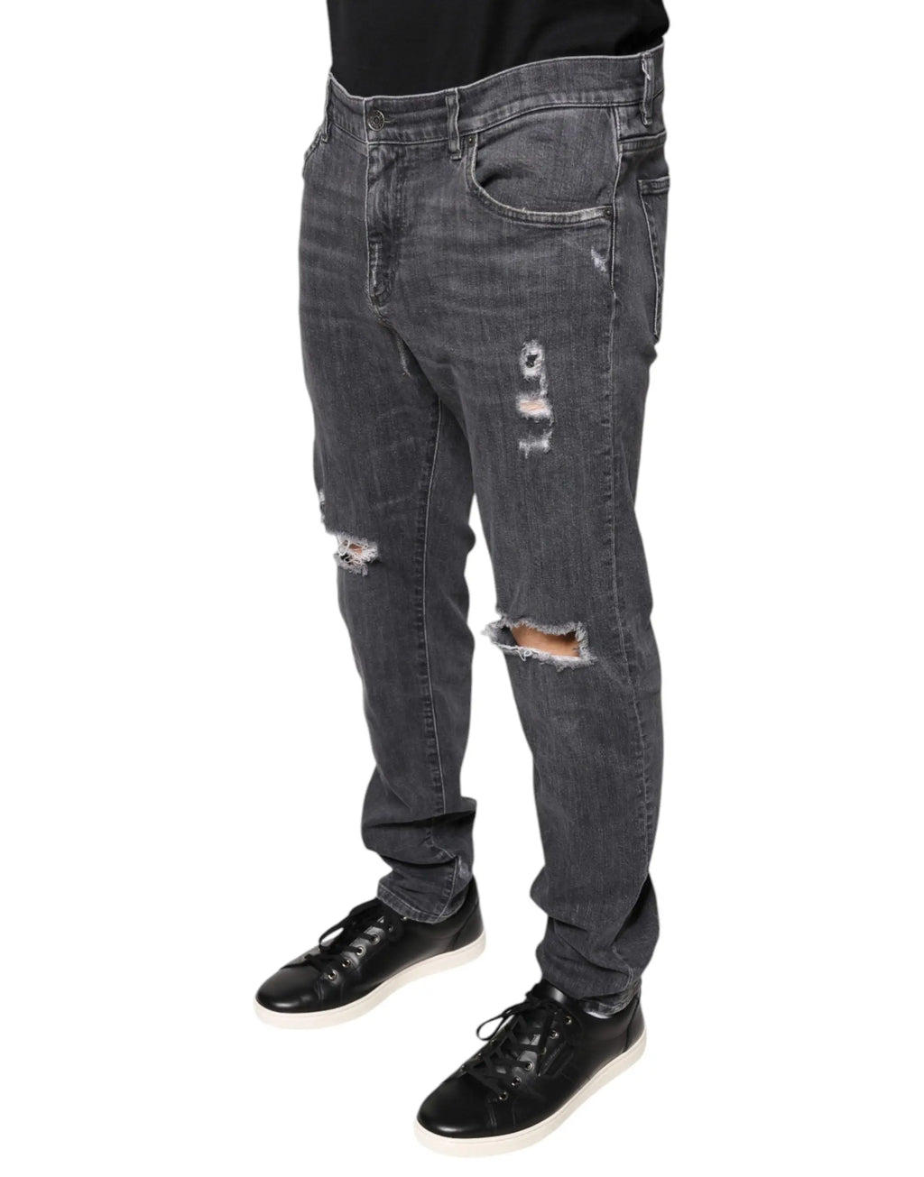 Jean skinny en denim coton gris foncé déchiré aux genoux de dolce gabbana