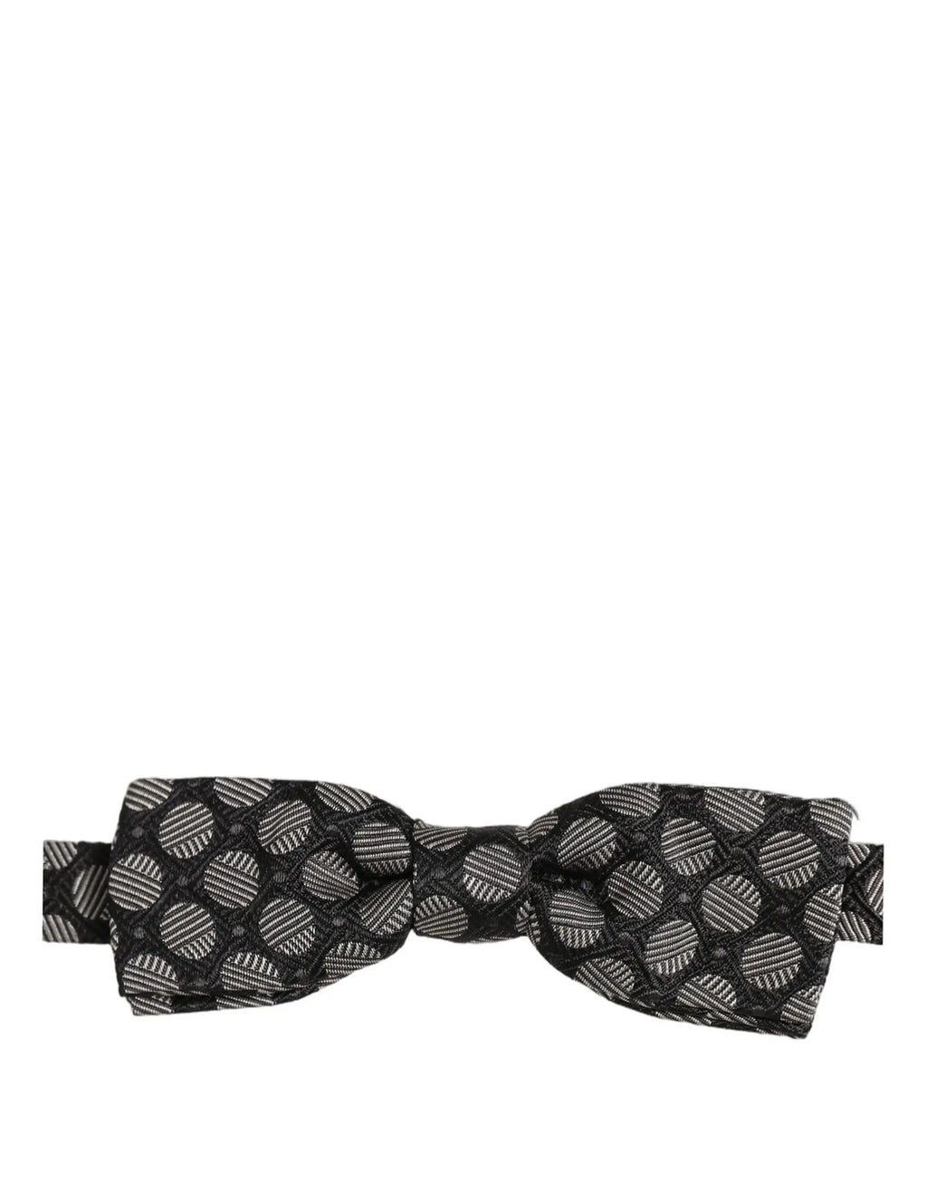 Dark gray and white geometric silk adjustable neck bow tie by dolce & gabbana with silver-toned circles and lines pattern