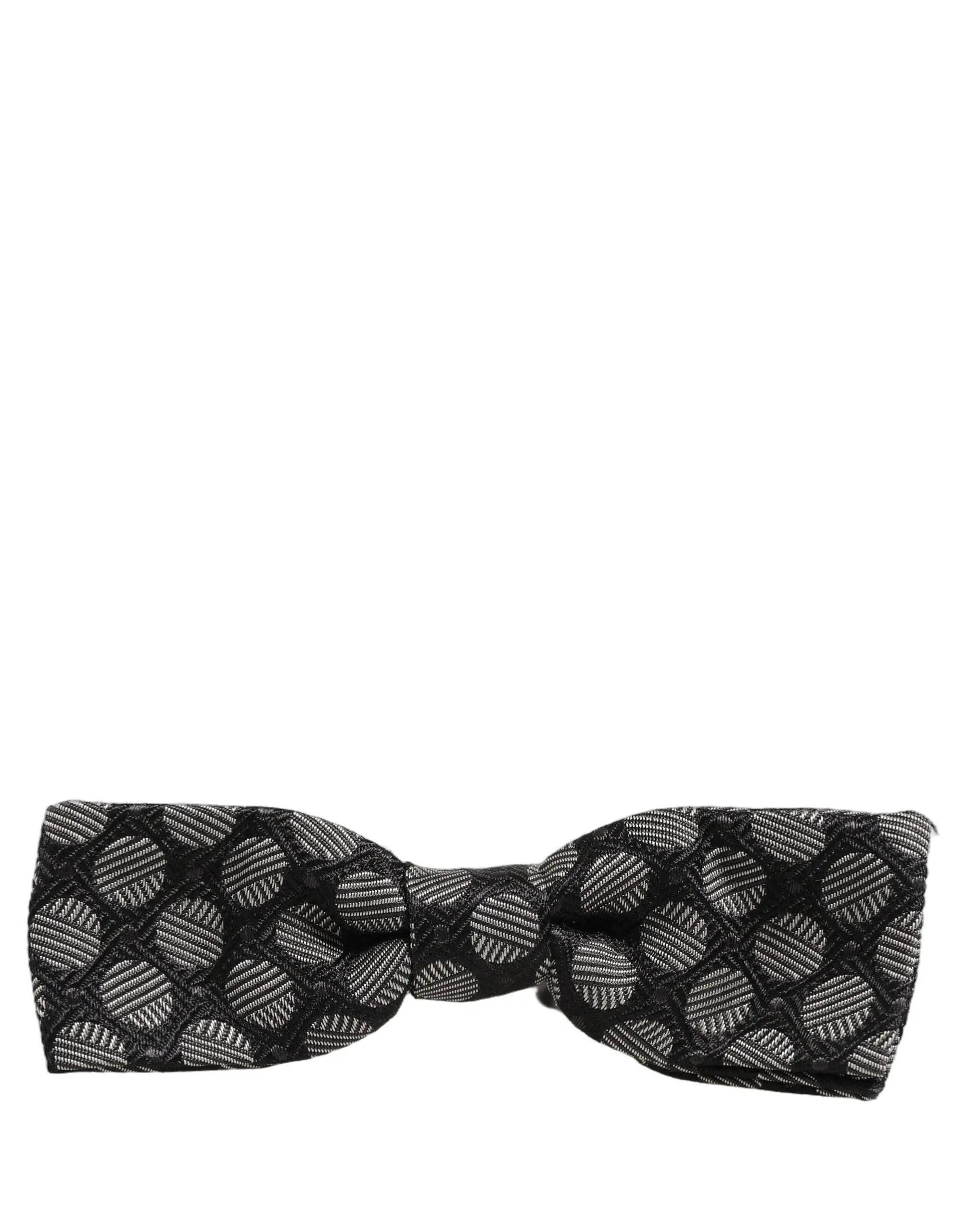 Noeud papillon ajustable dolce & gabbana en soie gris foncé avec motif géométrique blanc en fil argenté