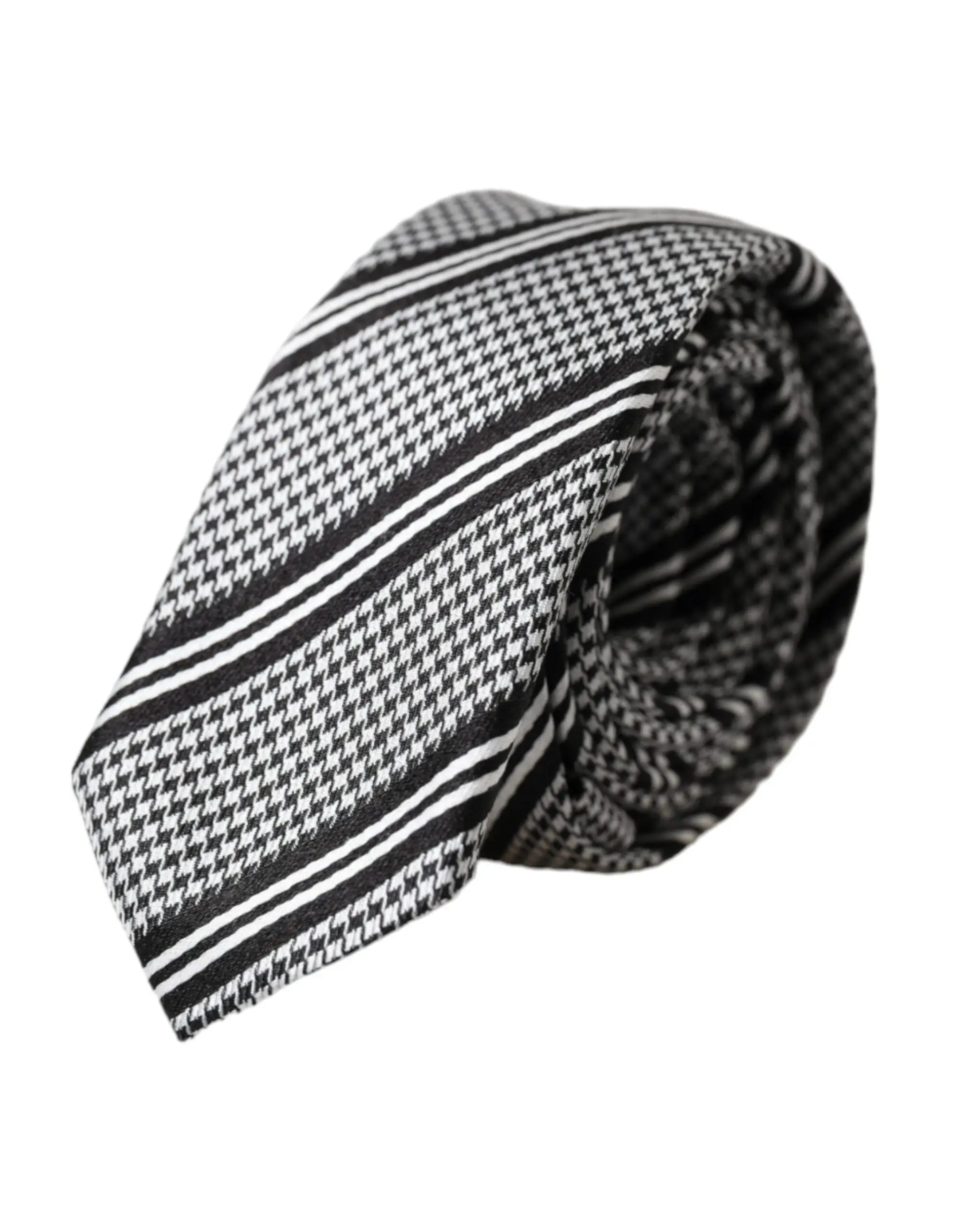Cravate ajustable dolce & gabbana en soie gris foncé avec rayures blanches et motif pied-de-poule noir et blanc