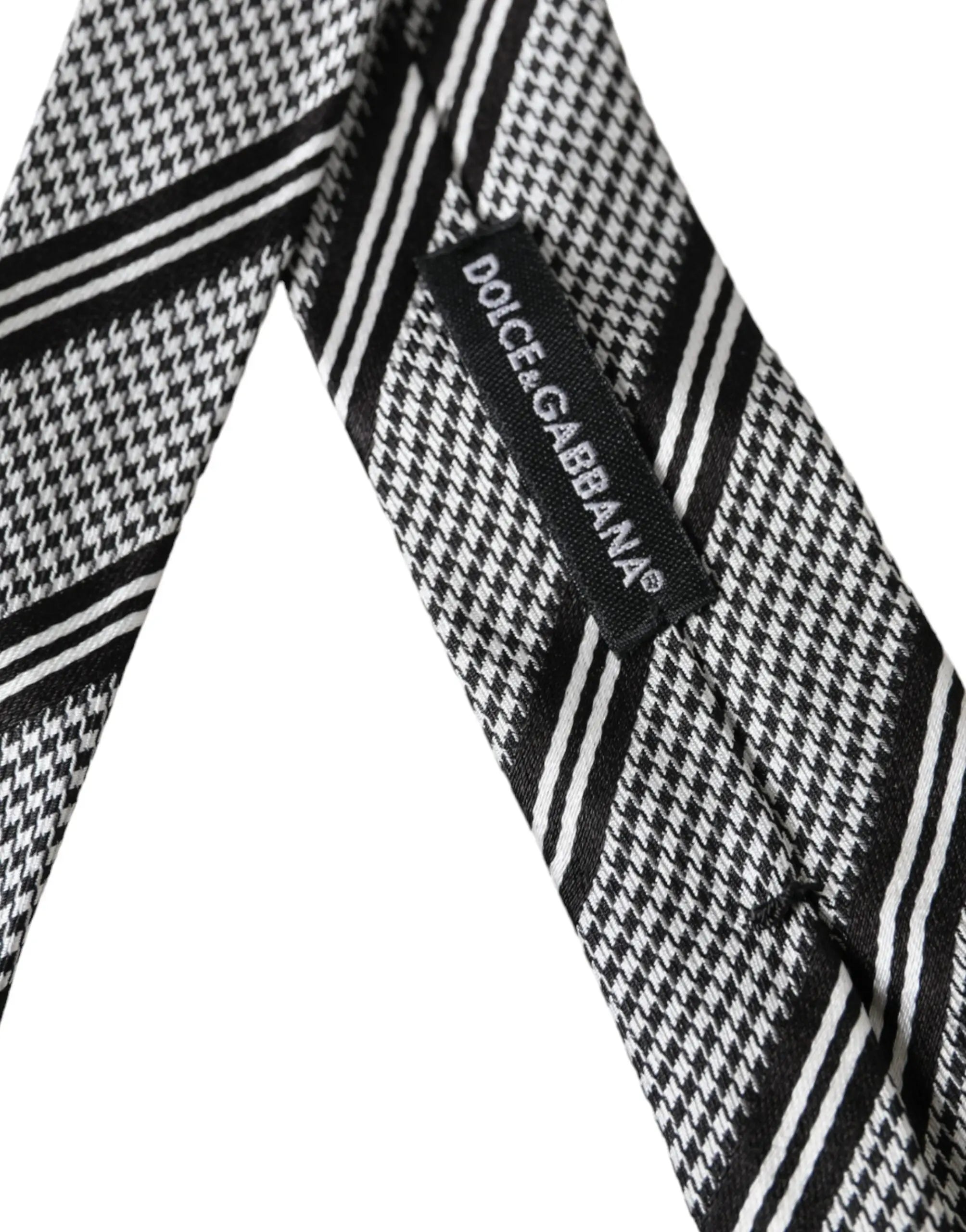 Cravate dolce & gabbana en soie ajustable gris foncé à rayures blanches motif pied-de-poule noir et blanc