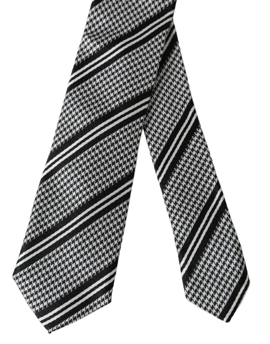Dolce & Gabbana cravate ajustable en soie gris foncé à rayures blanches avec motif pied-de-poule noir et blanc classique