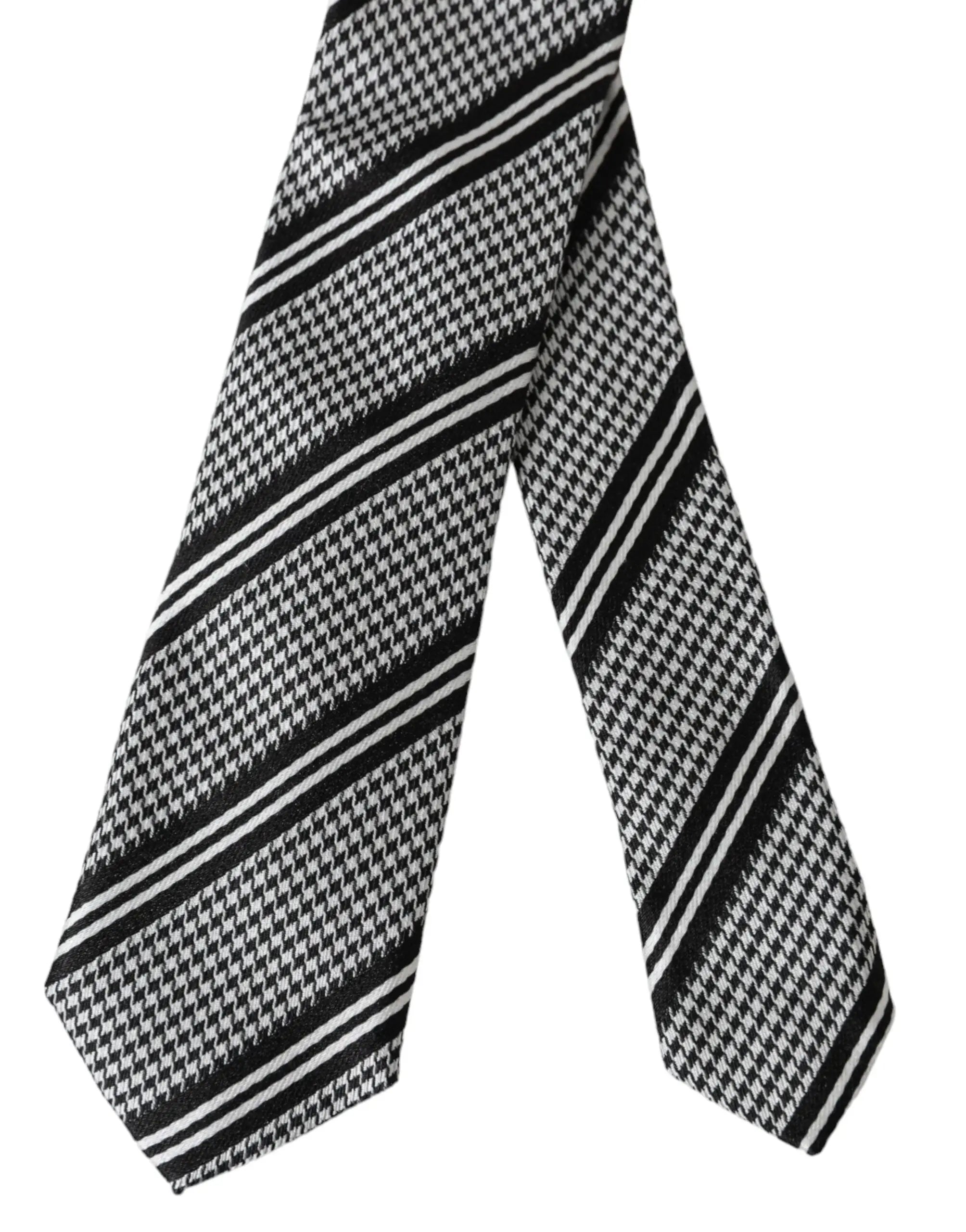 Dolce & Gabbana cravate ajustable en soie gris foncé à rayures blanches avec motif pied-de-poule noir et blanc classique