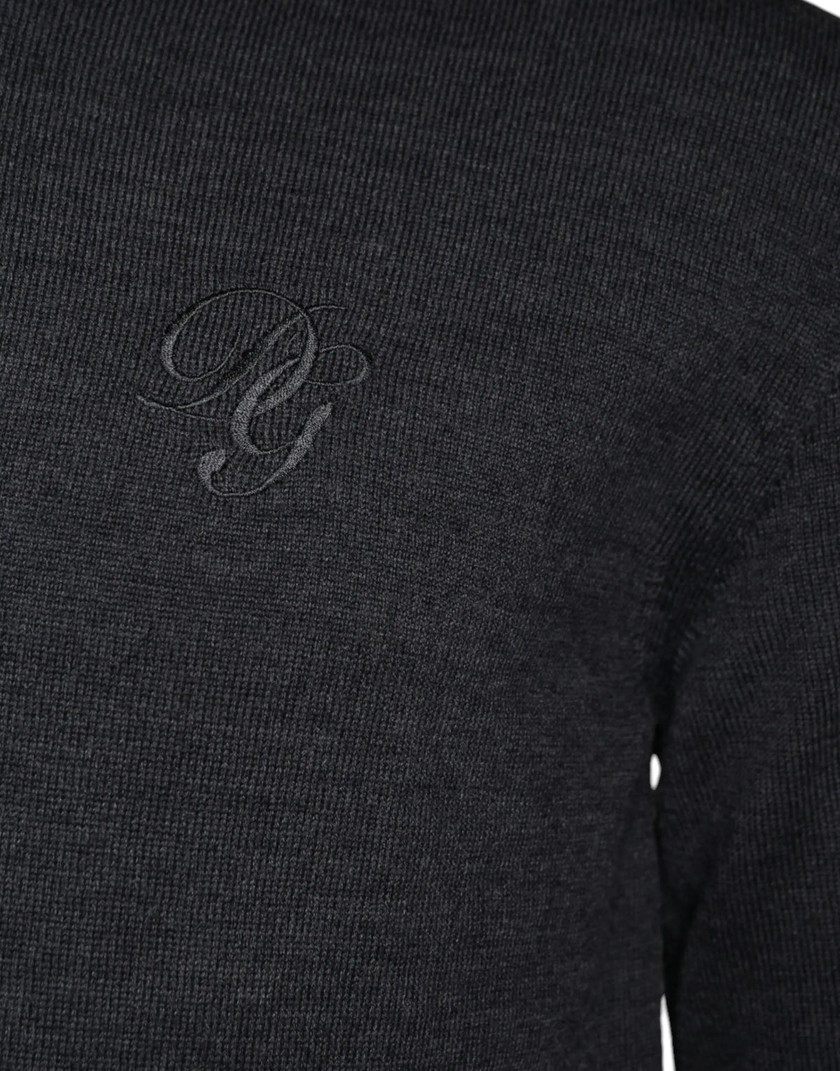 Pull-over en laine gris foncé dolce & gabbana avec col rond et monogramme brodé ton sur ton sur la poitrine