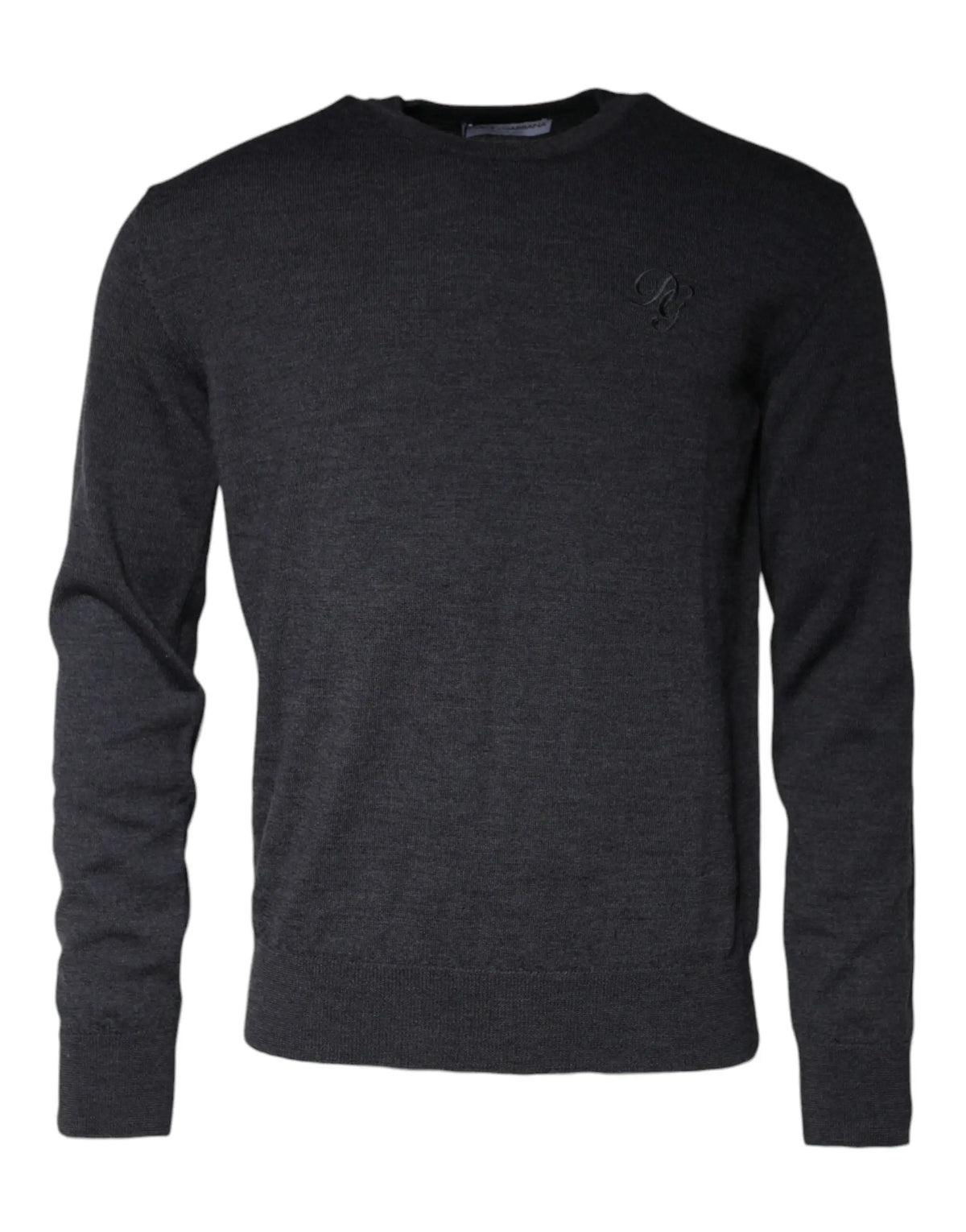 Pull en laine dolce gabbana gris foncé avec col rond et logo brodé subtil sur la poitrine gauche