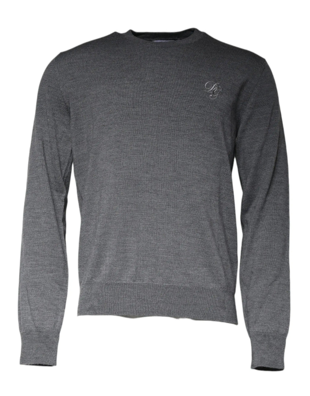 Pull à col rond en laine gris foncé dolce & gabbana avec texture tricotée et logo brodé subtil sur la poitrine gauche