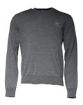 Pull à col rond en laine gris foncé dolce & gabbana avec texture tricotée et logo brodé subtil sur la poitrine gauche