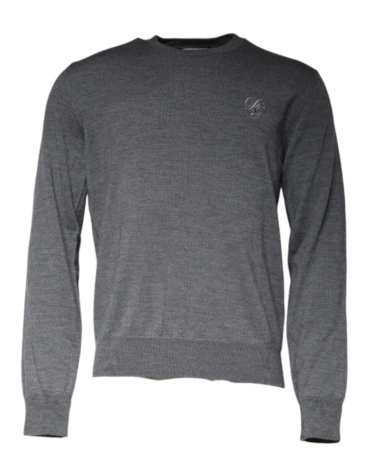 Pull à col rond en laine gris foncé dolce & gabbana avec texture tricotée et logo brodé subtil sur la poitrine gauche