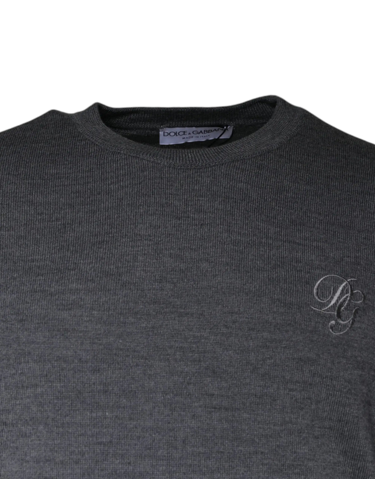 Pull-over dolce & gabbana gris foncé en laine avec col rond et monogramme brodé subtil sur la poitrine
