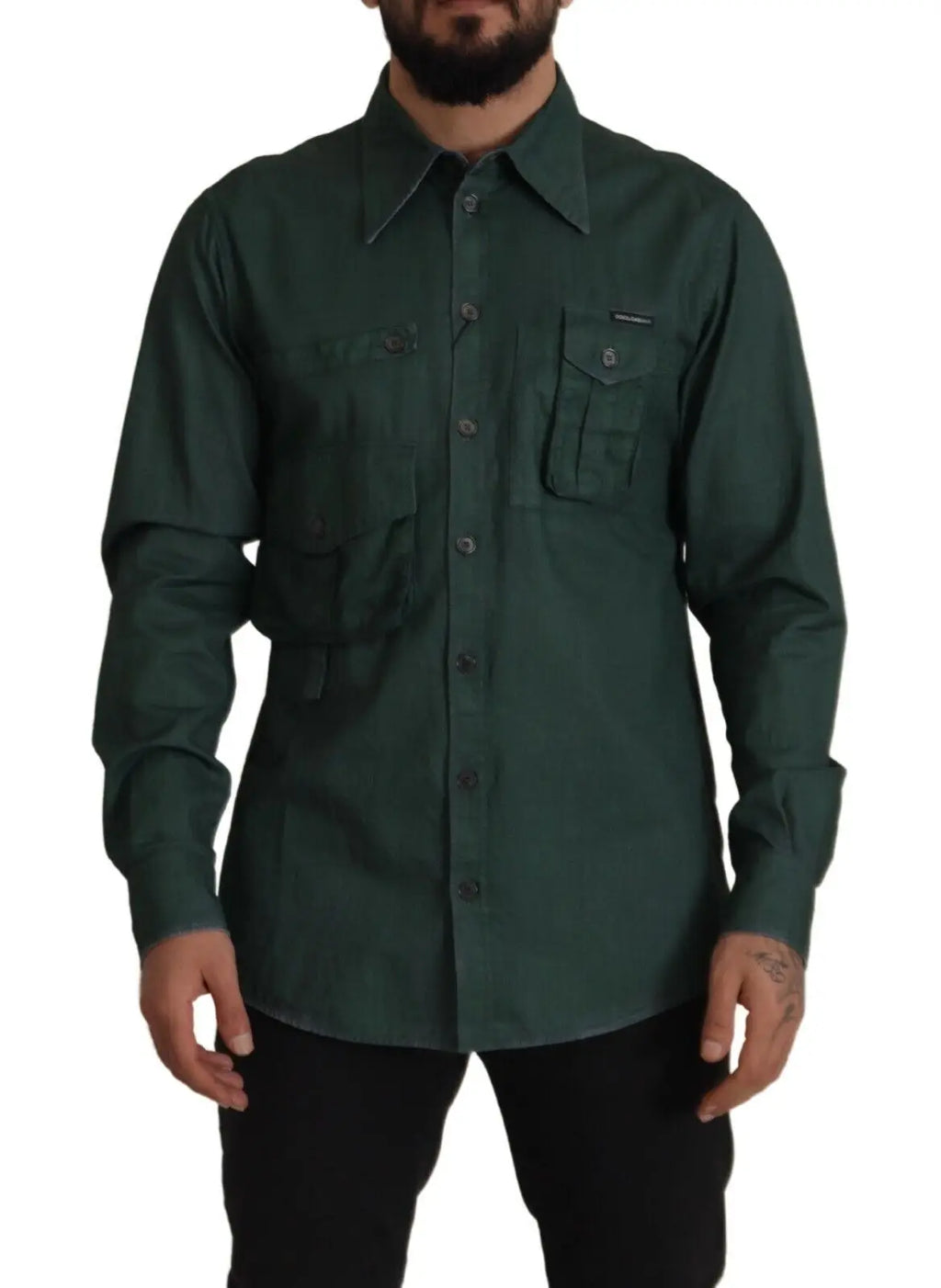 Chemise dolce & gabbana vert foncé à manches longues avec boutons et deux poches poitrine avec logo subtil