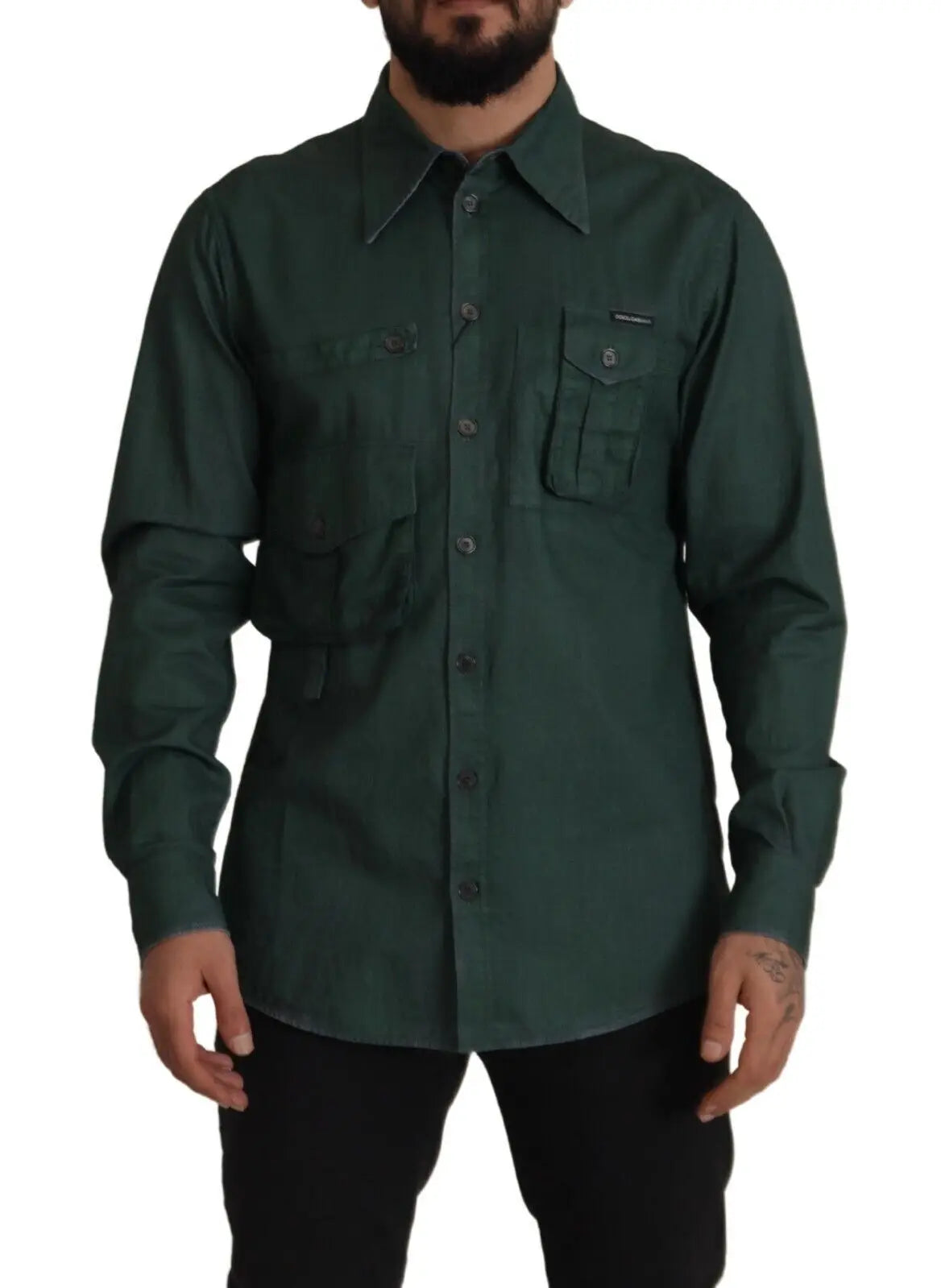 Chemise dolce & gabbana vert foncé à manches longues avec boutons et deux poches poitrine avec logo subtil